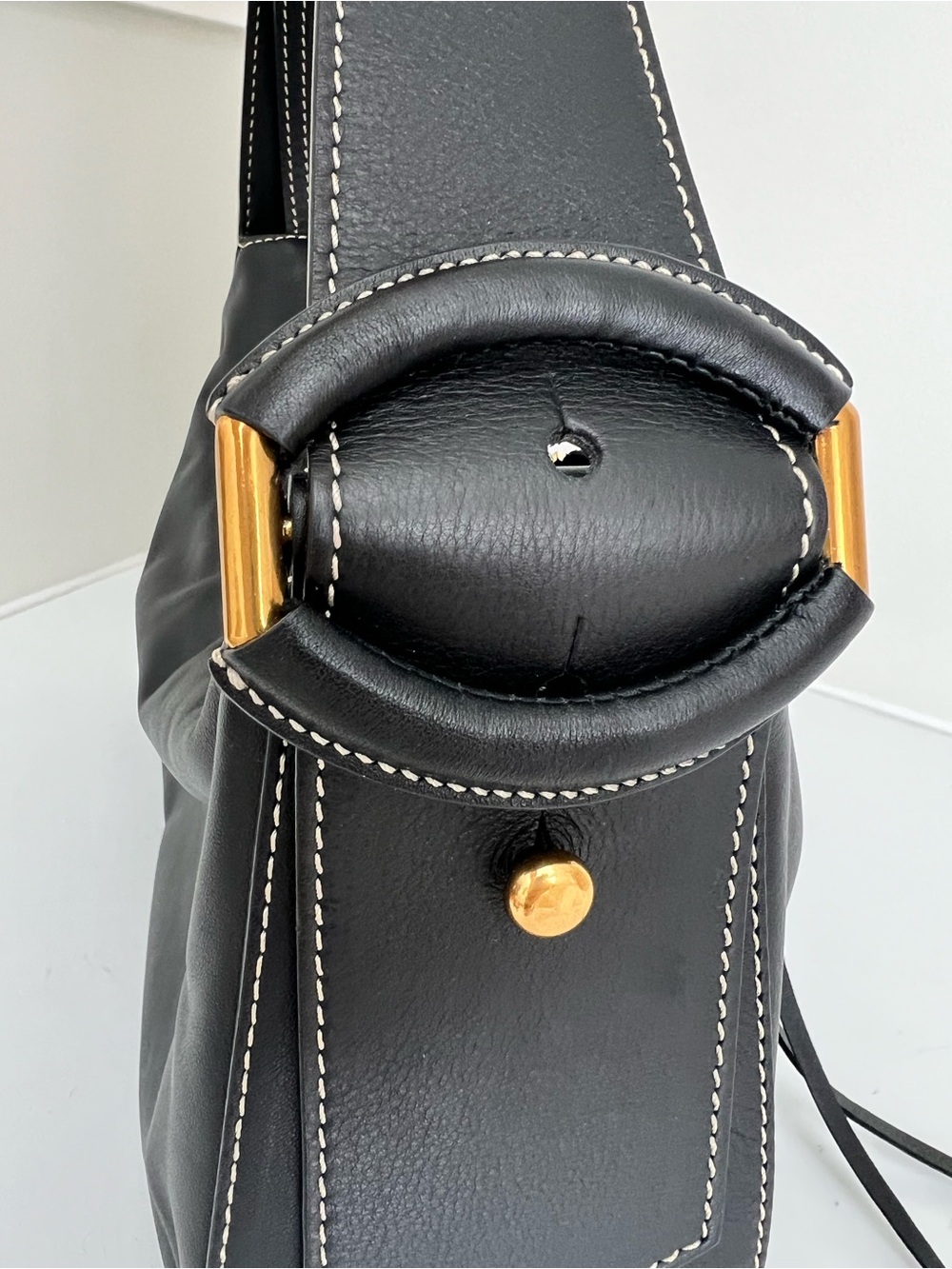 Banana Republic Black Leather Shoulder Bag with White Stitching & Gold Hardware